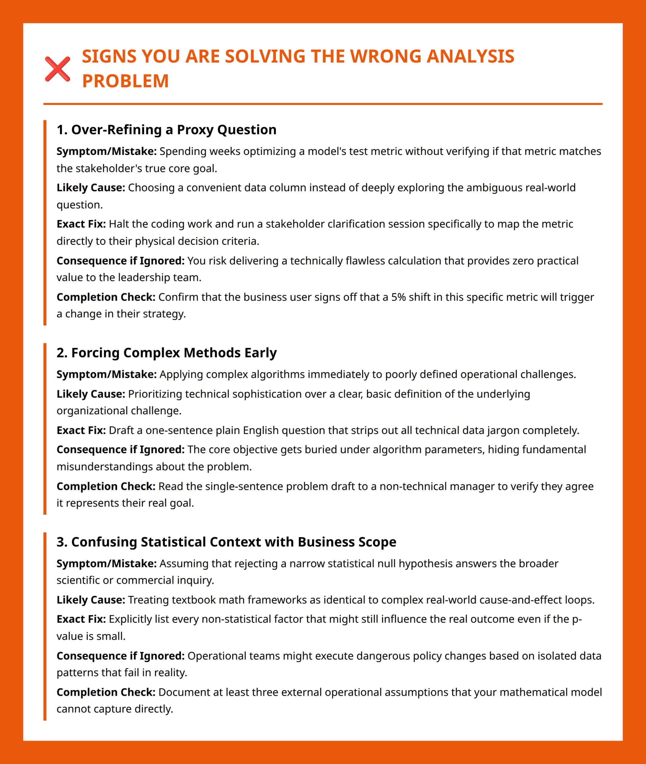 Checklist showing symptoms, causes, fixes, and checks for data analysis misalignment.
