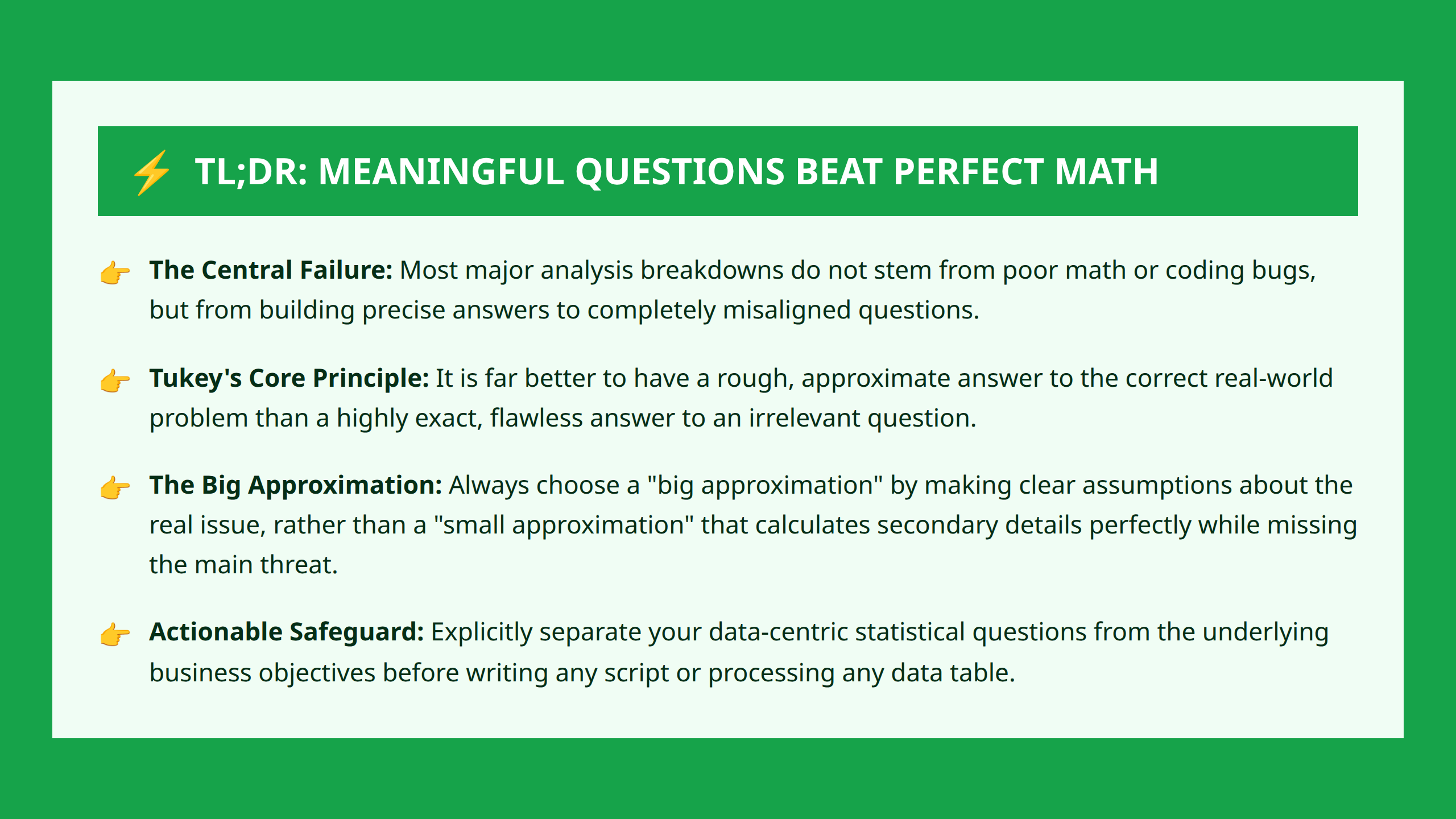 TLDR summary box highlighting the priority of meaningful questions over exact calculations.