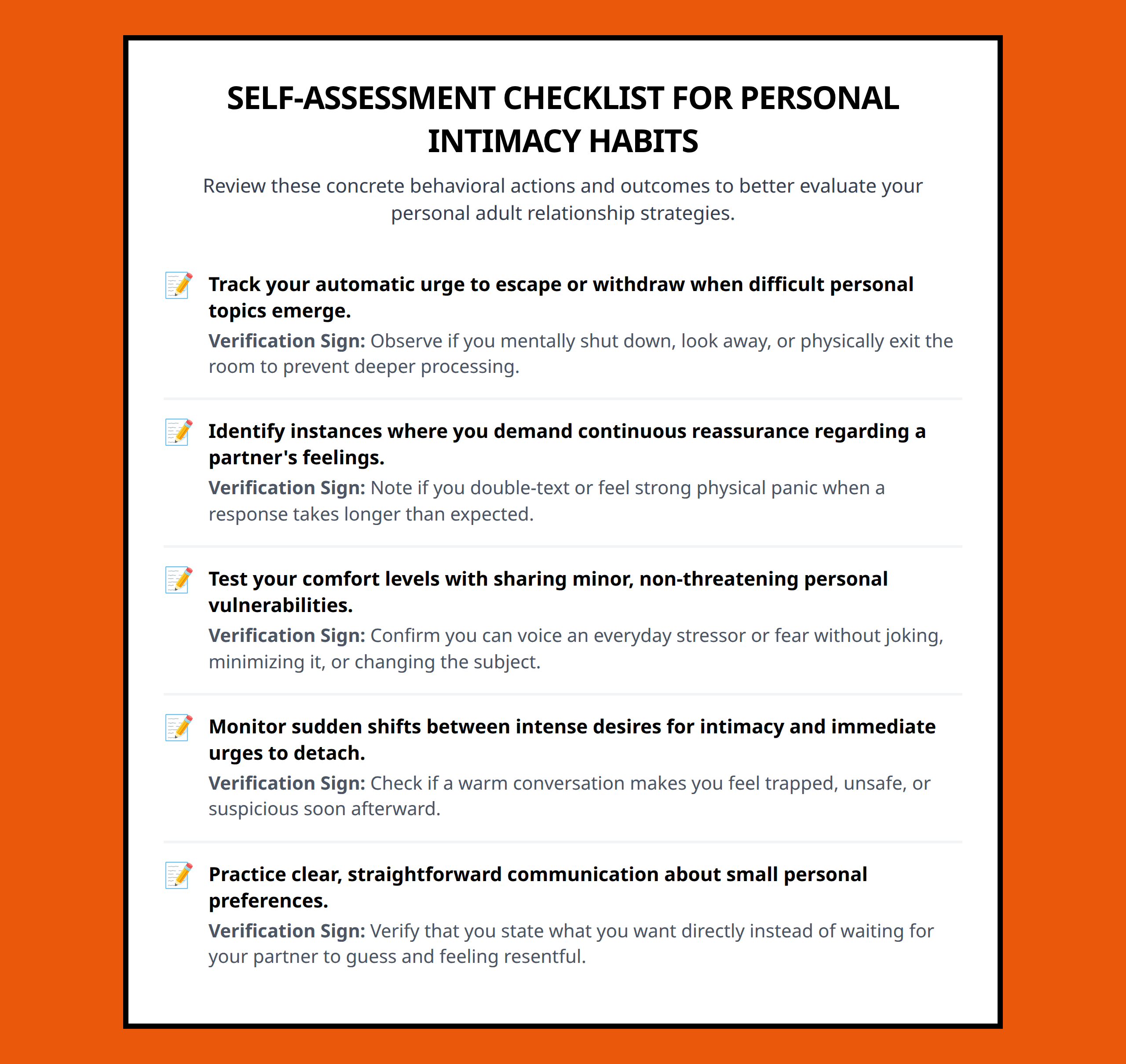 Checklist for assessing personal relationship triggers and checking specific emotional habits.