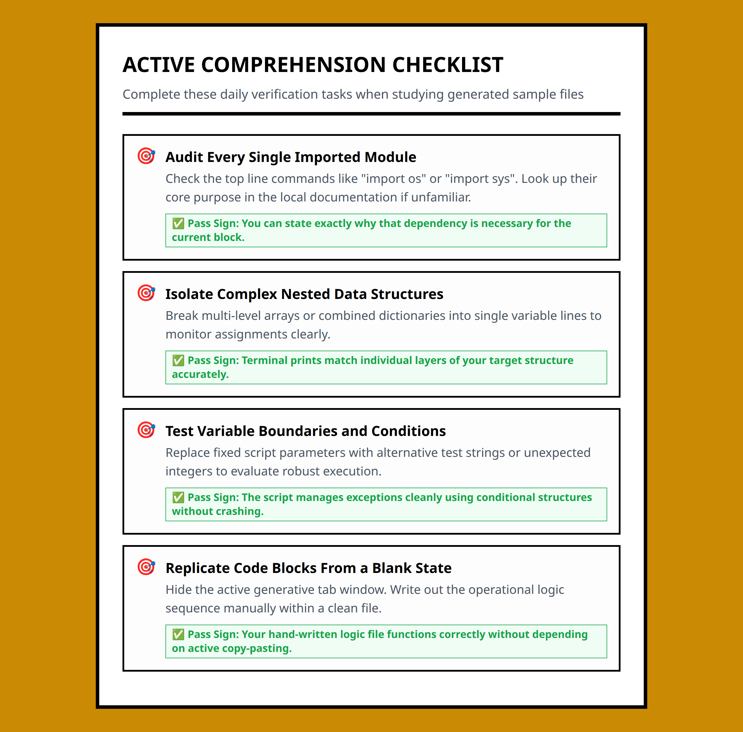 Practical review checklist outlining validation tasks when learning Python with AI help