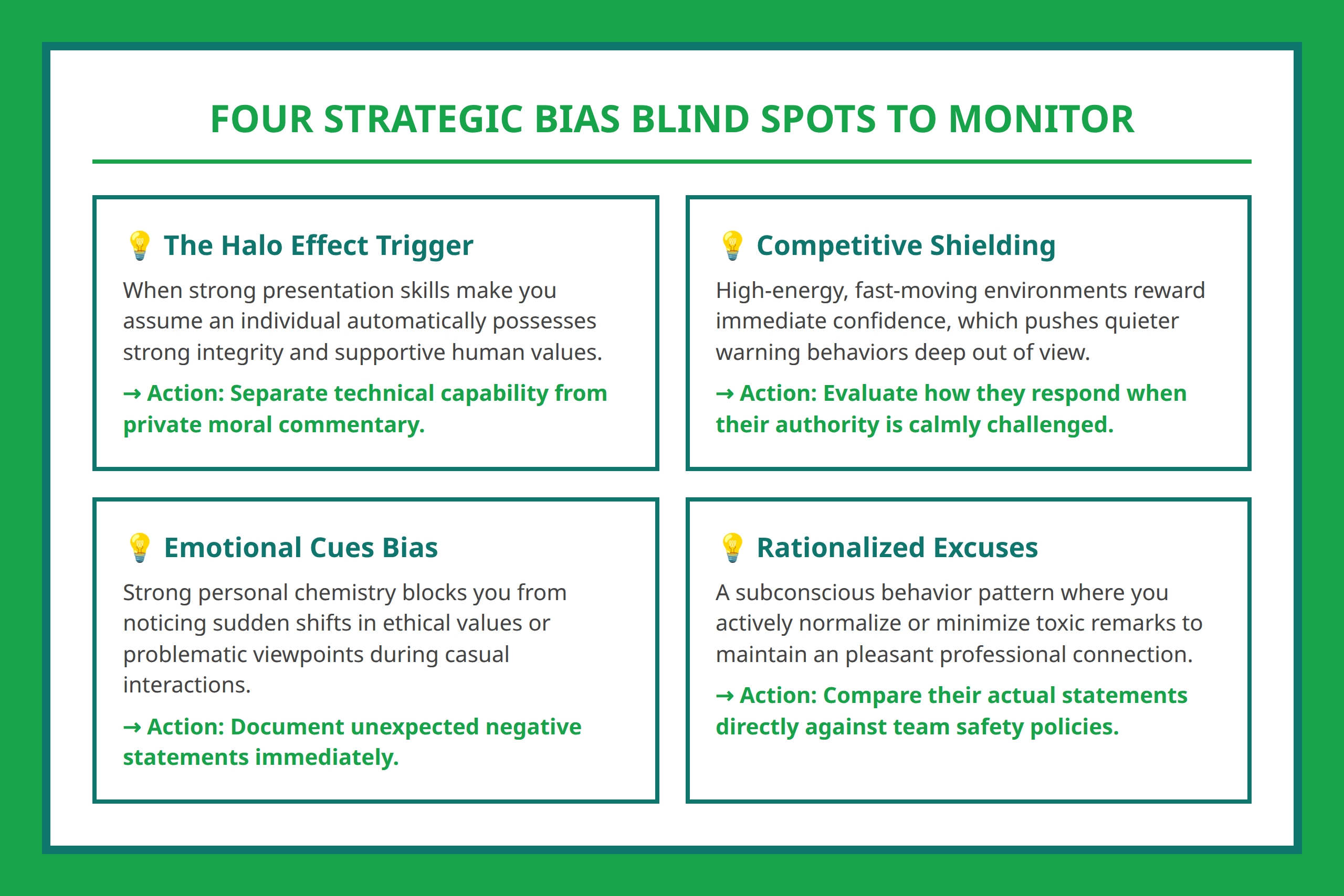 Card grid explaining four major cognitive traps that hide workplace red flags under charisma.