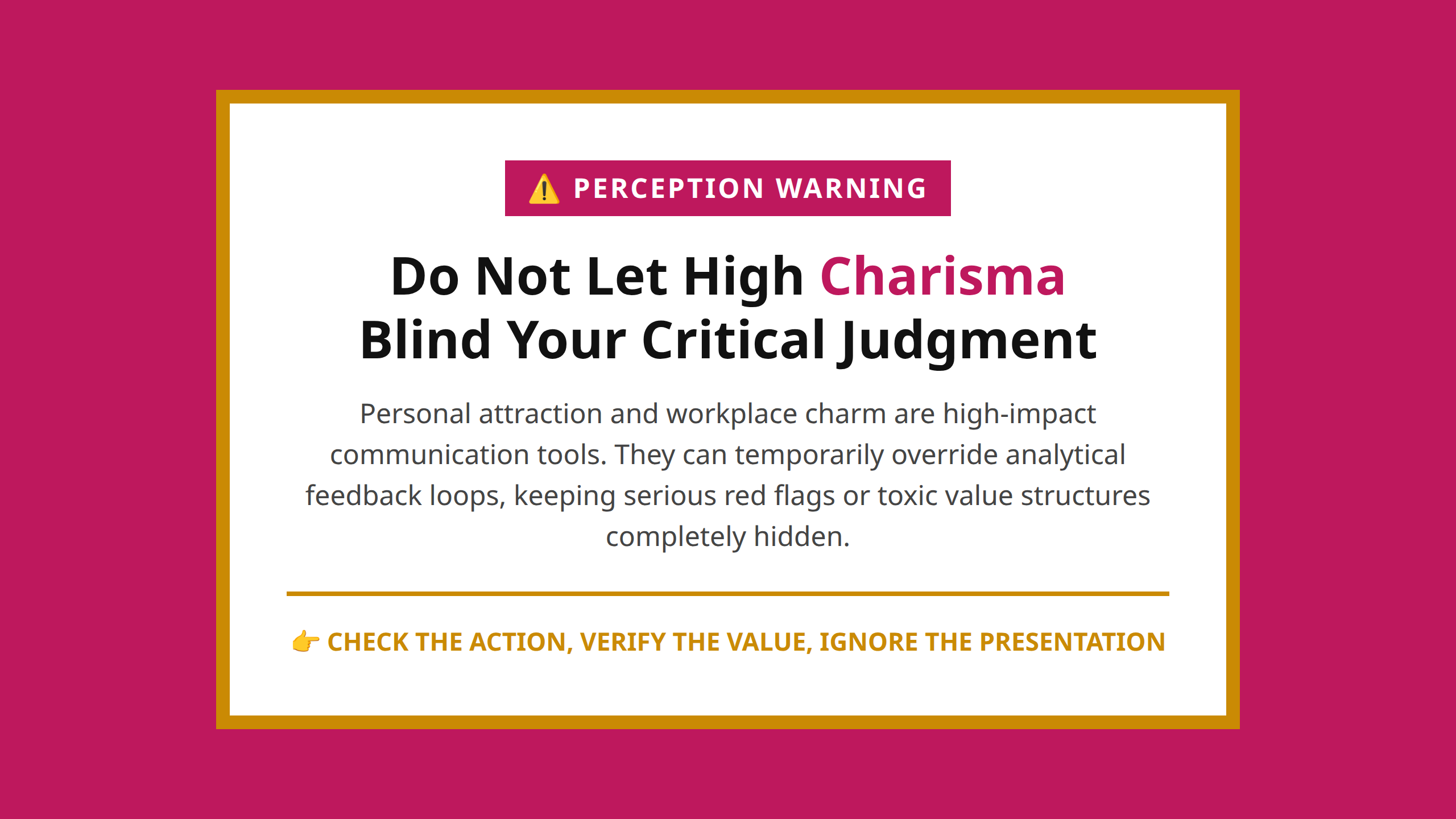 Mini poster reminding young professionals to test character over confidence in workplace relationships.