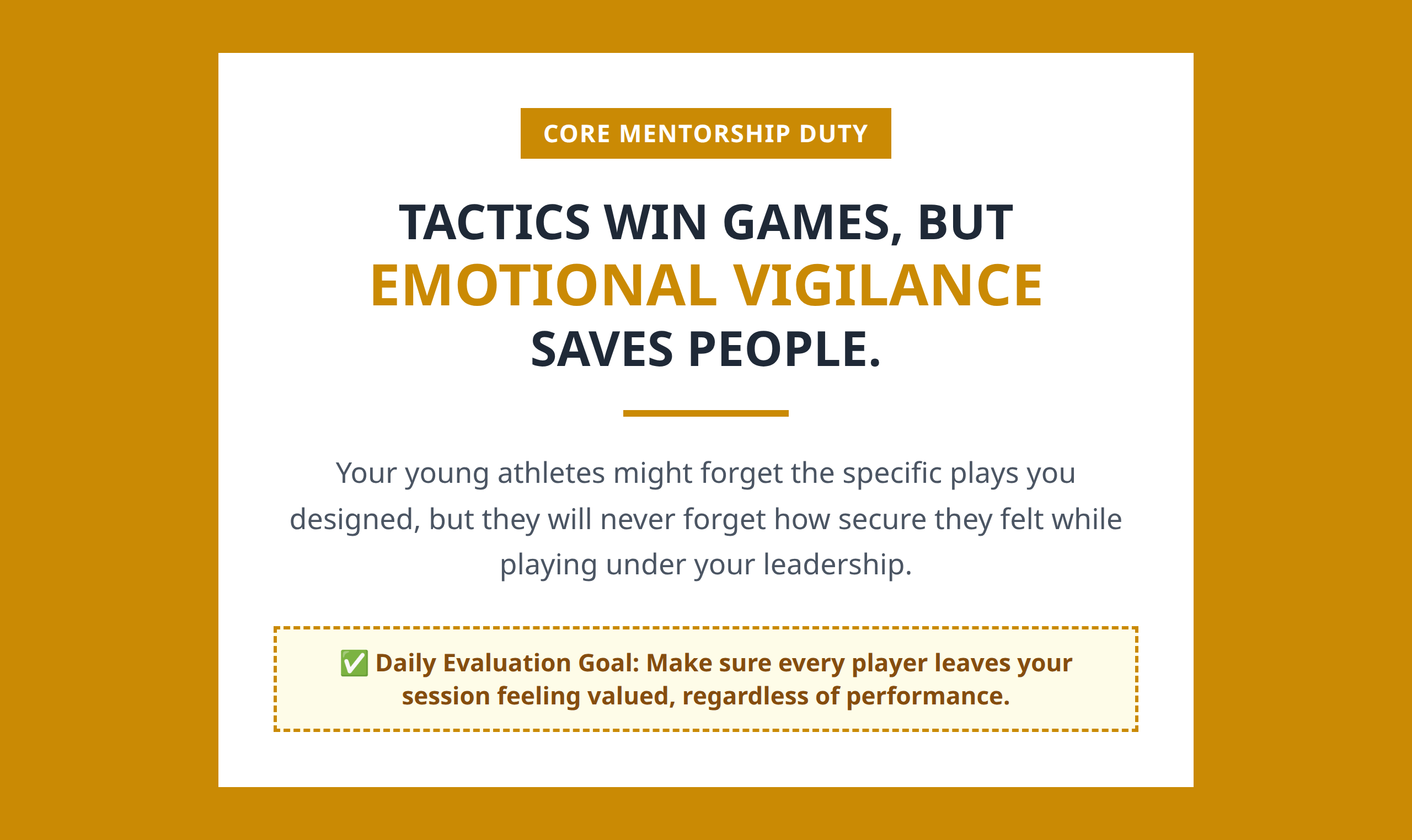 Mini poster reminding youth coaches that psychological care is as vital as athletic tactical strategy.