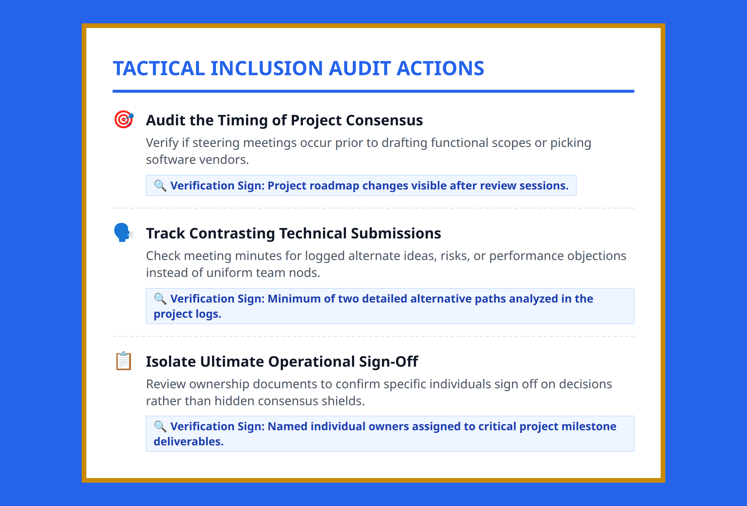 Checklist with direct actions to test whether group decision channels are performative or real.