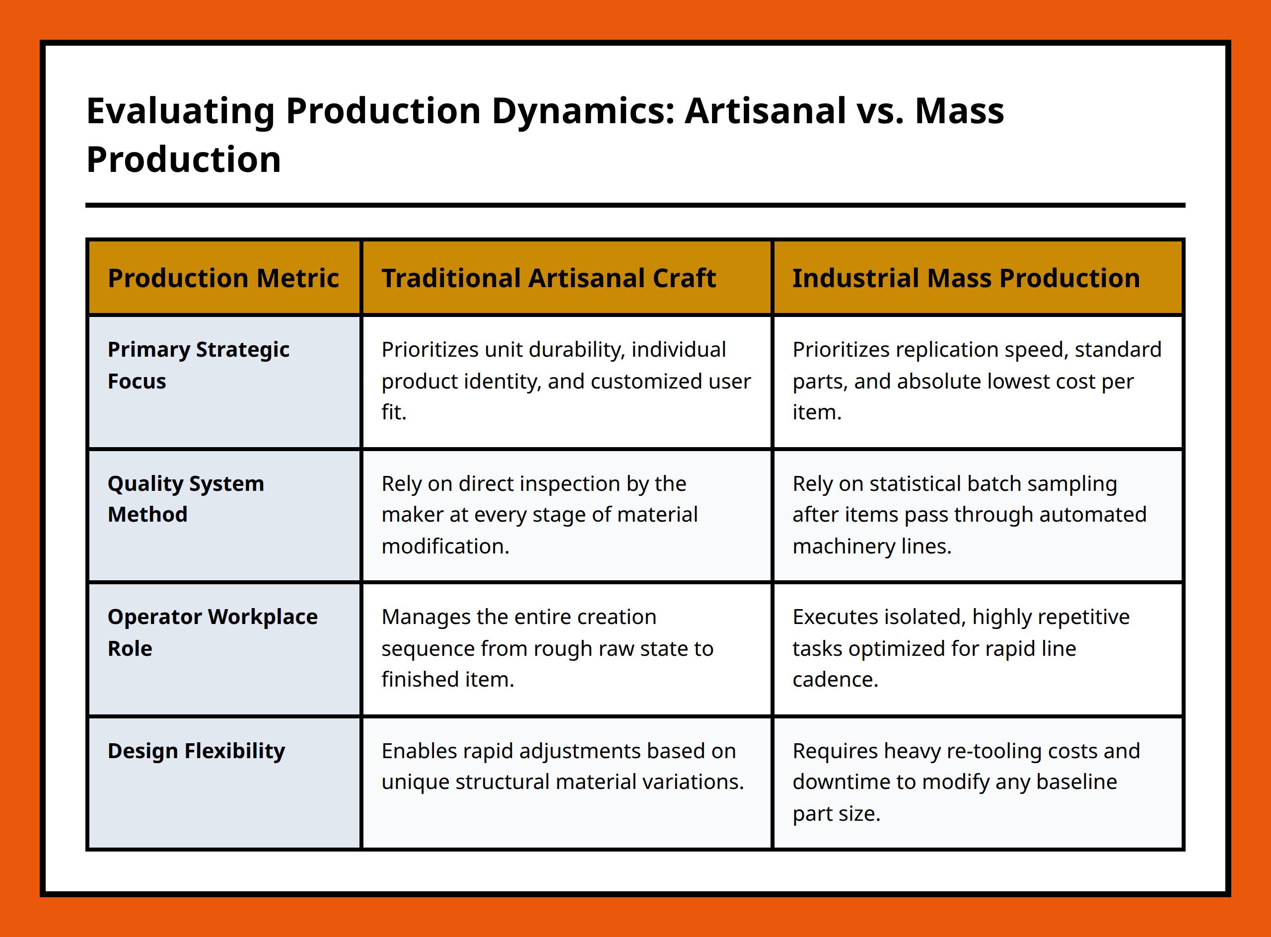 Comparison table between artisanal craft production and mass industrial systems