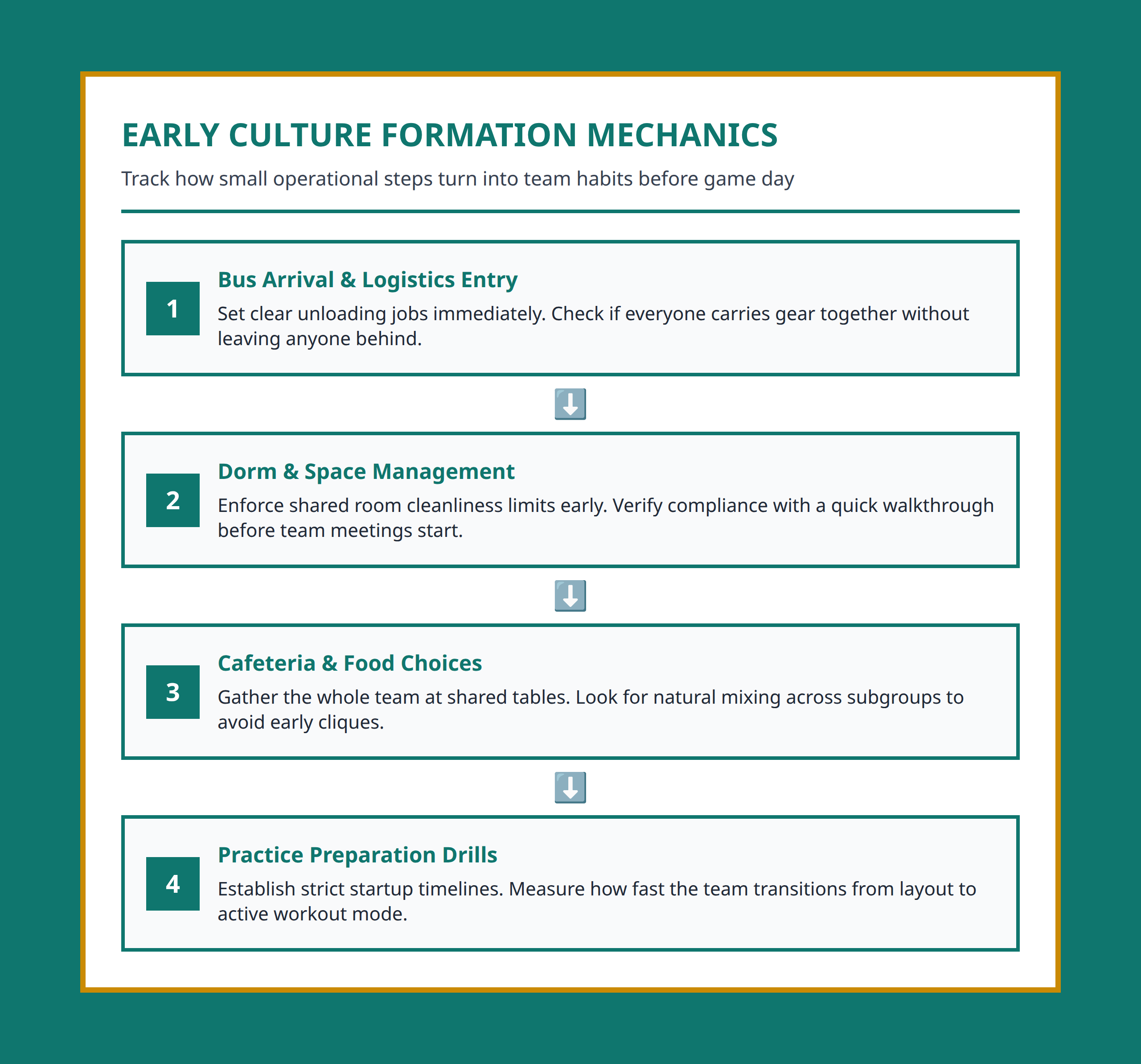 Flowchart showing team culture stages from bus arrival logistics to long-term operational standards.