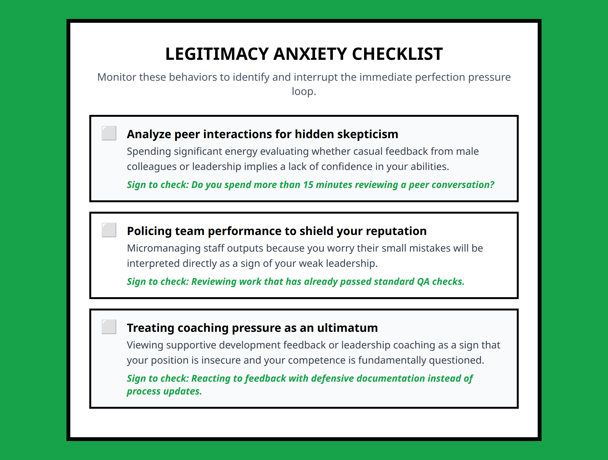 Checklist for assessing leadership hypervigilance and signs of competence anxiety.