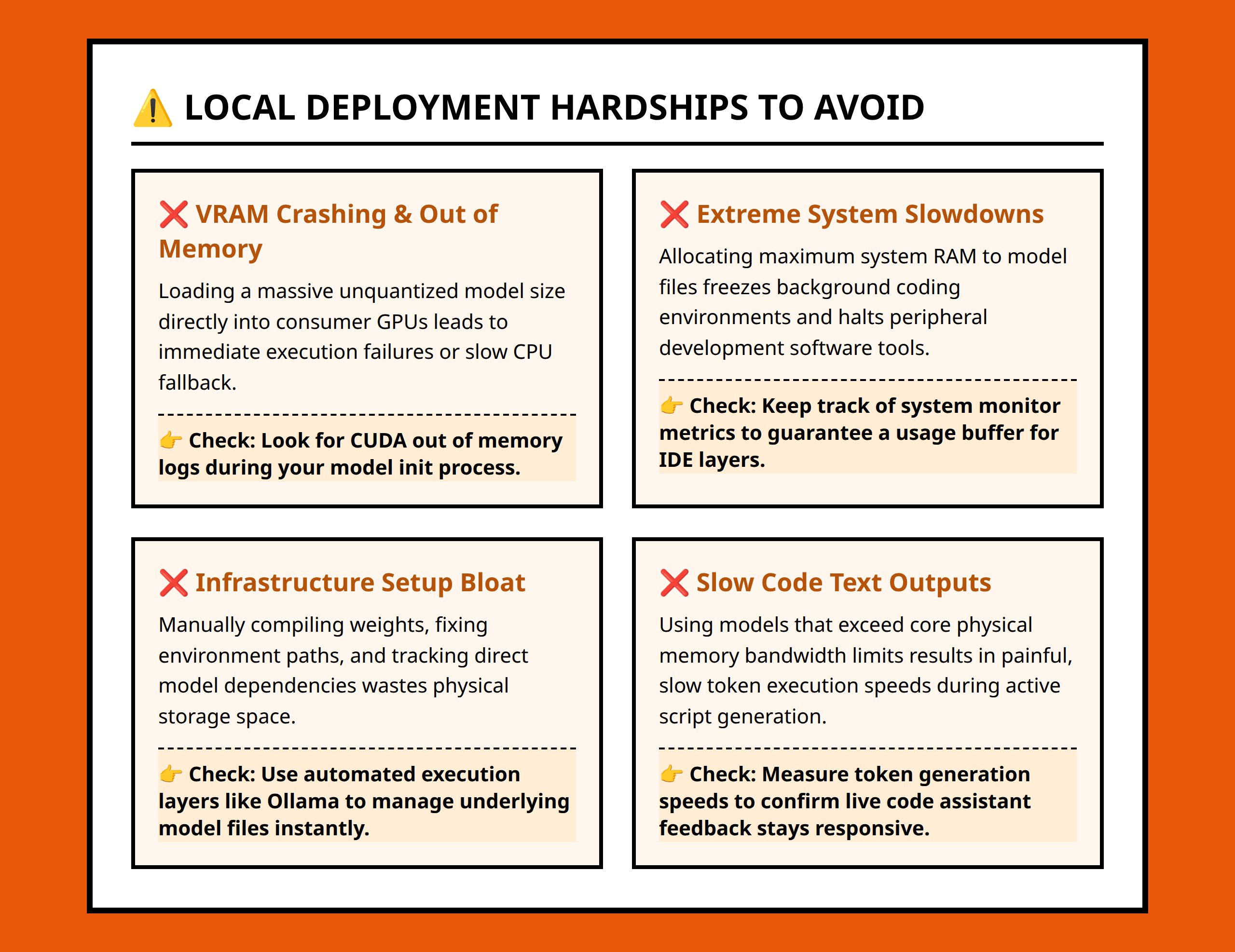 Infographic showing local LLM deployment risks like VRAM overflow and heavy system lag.