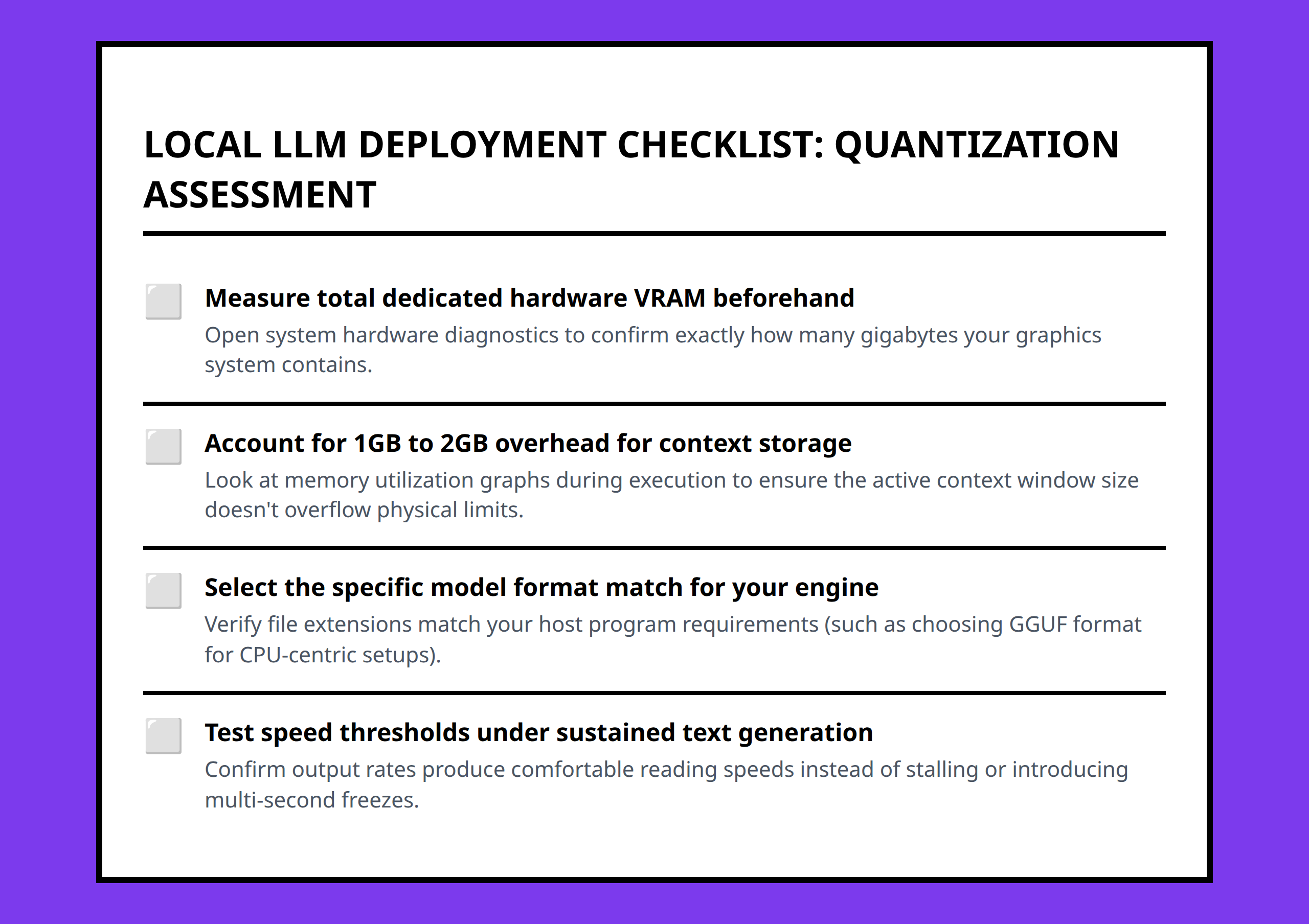 Checklist for assessing and verifying local LLM deployment readiness with quantization rules.