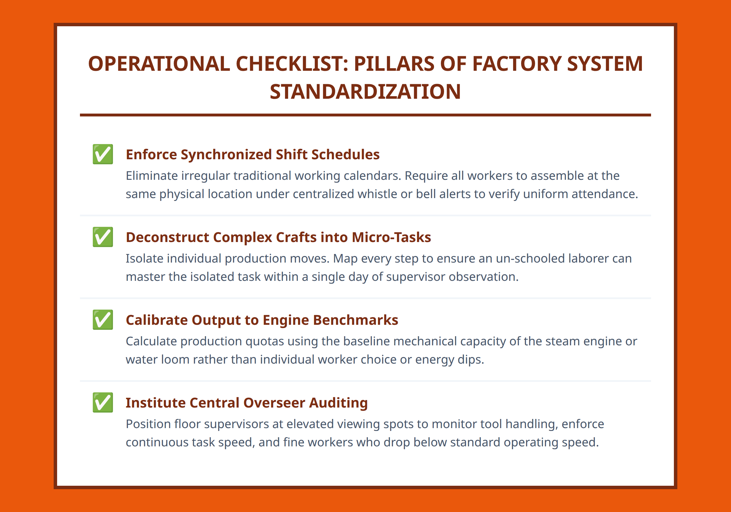 Checklist displaying the structural checks required to transition from manual workshops to factory systems