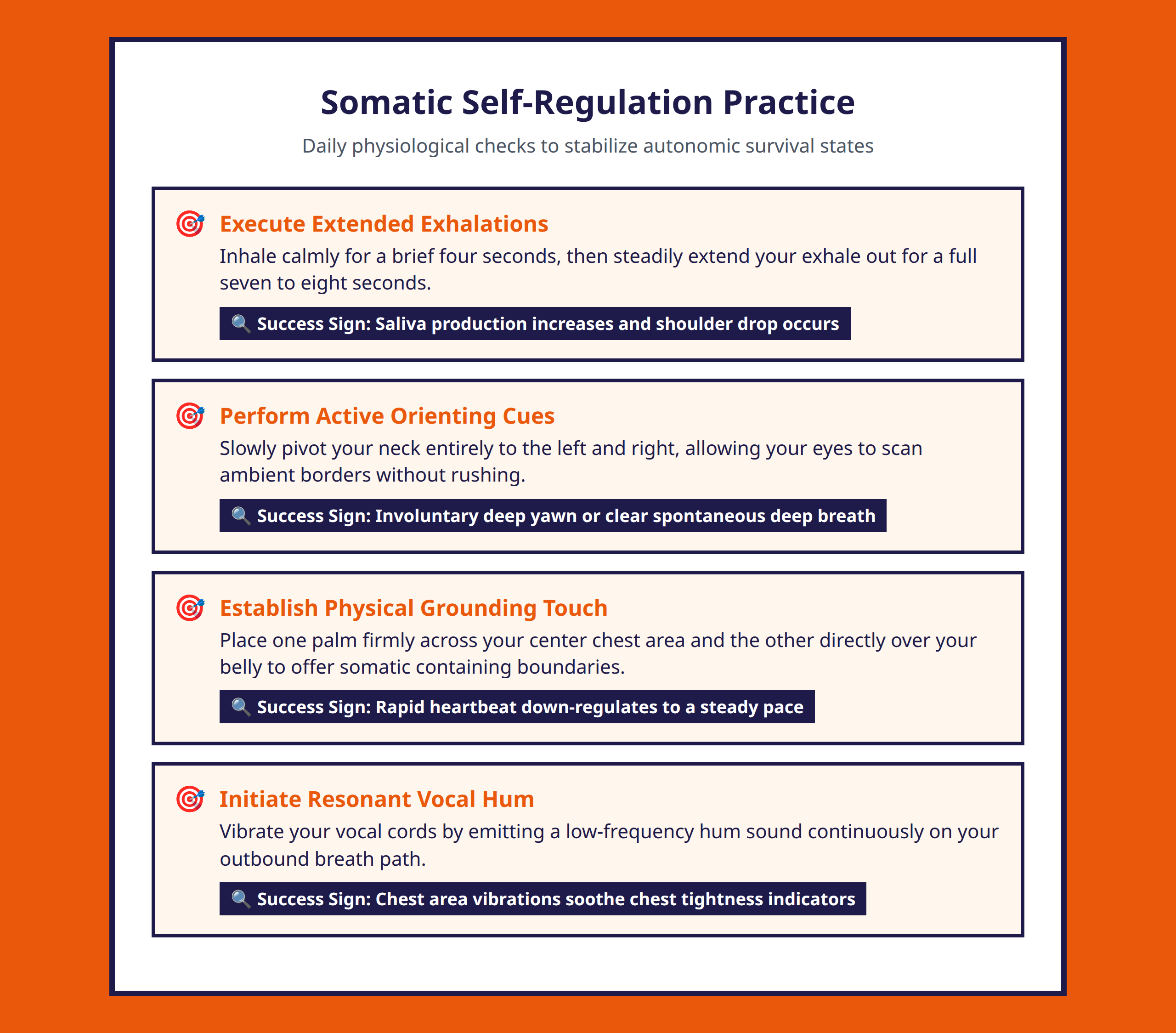 Somatic self-regulation checklist outlining daily exercises and physical verification signs