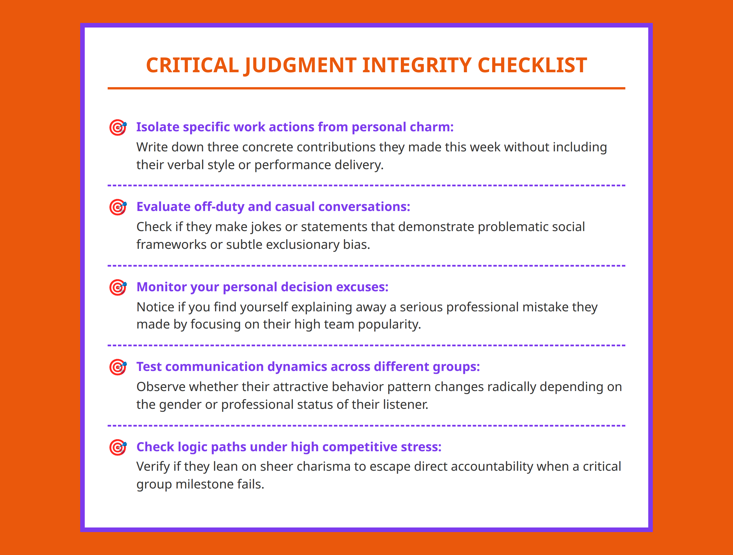 Checklist for assessing professional relationship judgment and identifying potential blind spots.