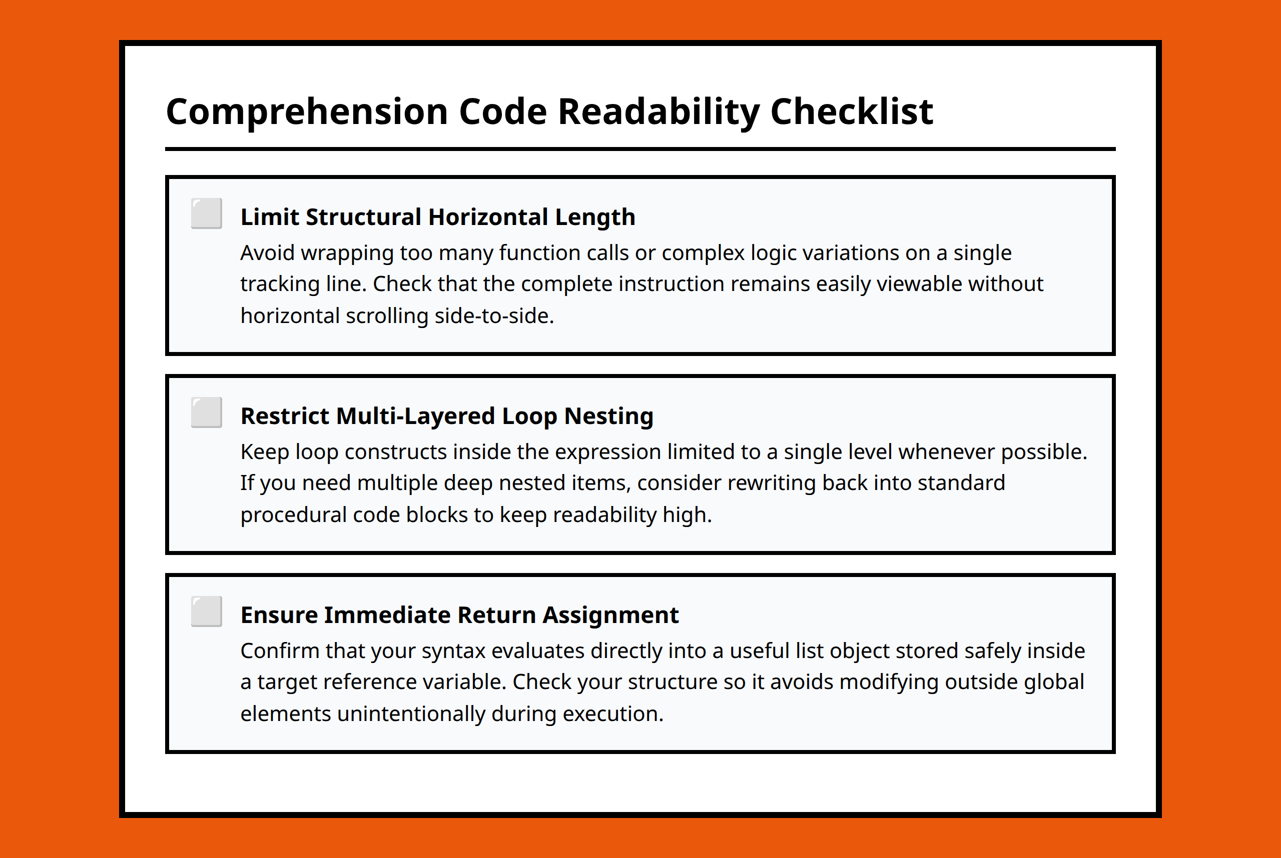 Implementation checklist for writing clean and readable Python list comprehensions