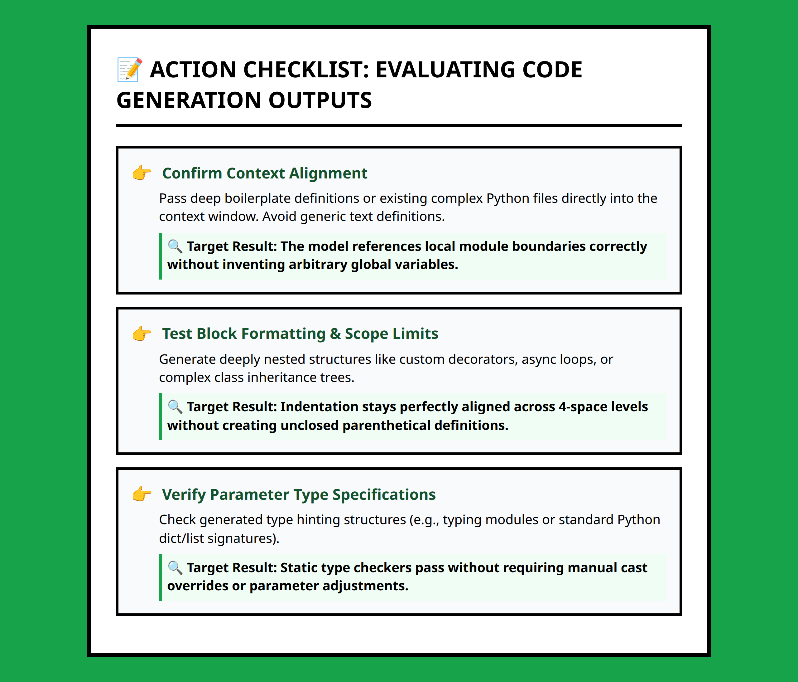 Checklist layout for testing DeepSeek code generation accuracy in local Python scripts