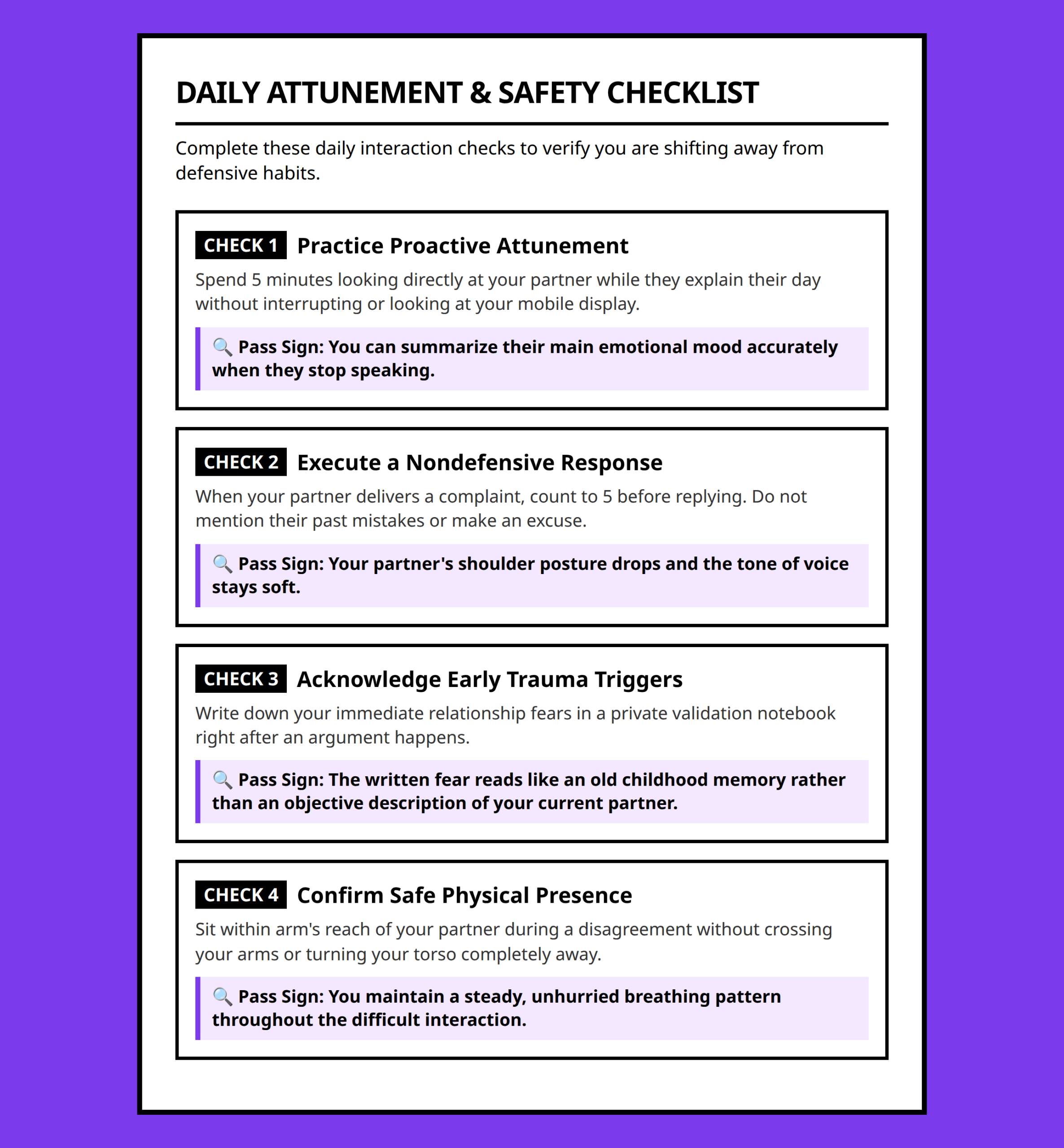 Checklist with four actions to practice attunement and confirm relational safety improvements.