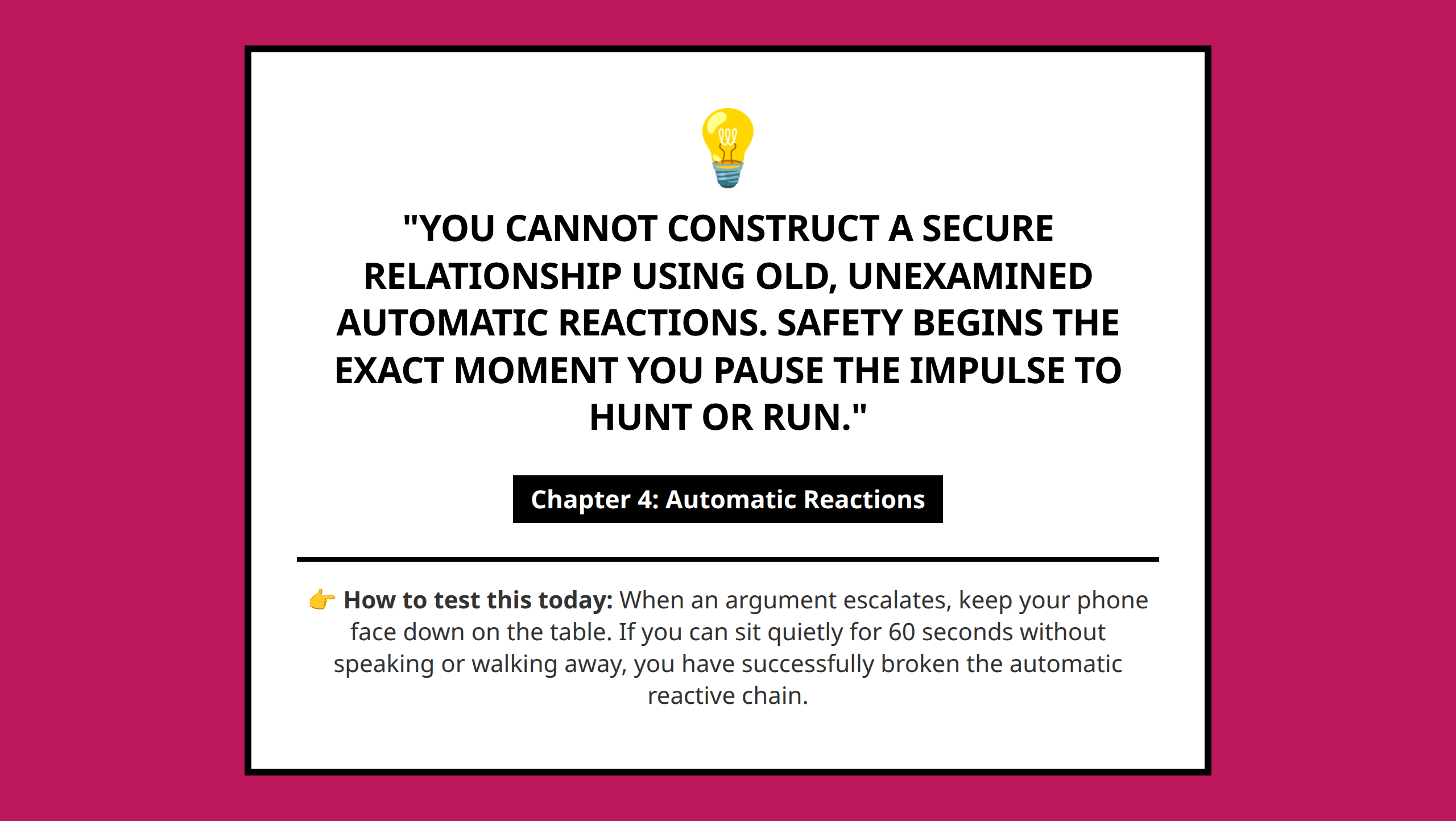 Quote graphic emphasizing that shifting attachment strategies requires pausing automatic physical reactions.