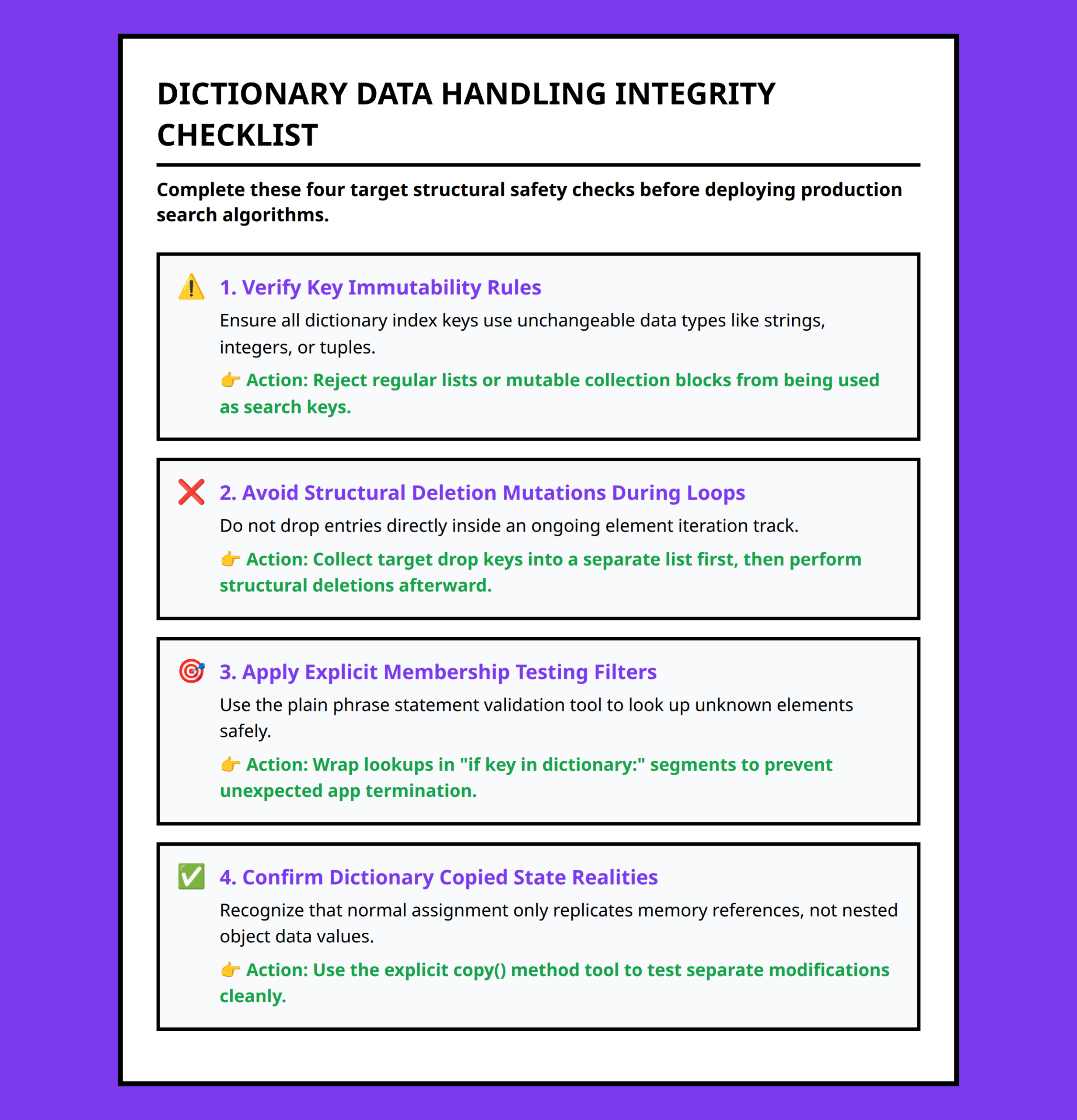 Checklist with four mandatory items to avoid dictionary mutation and missing key errors in Python.
