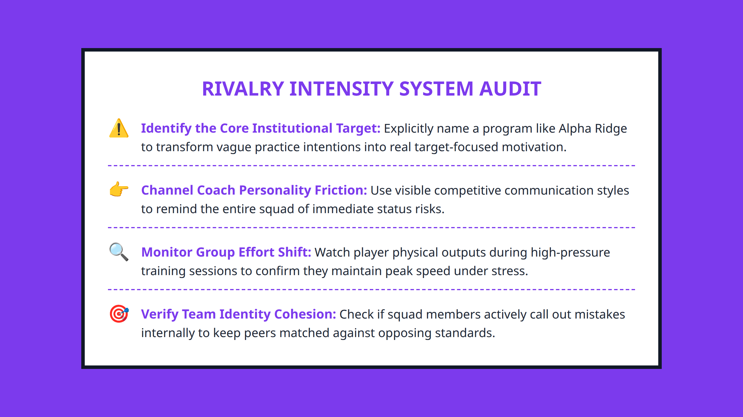 Checklist for sports leaders to audit and integrate rivalry dynamics into their group systems.