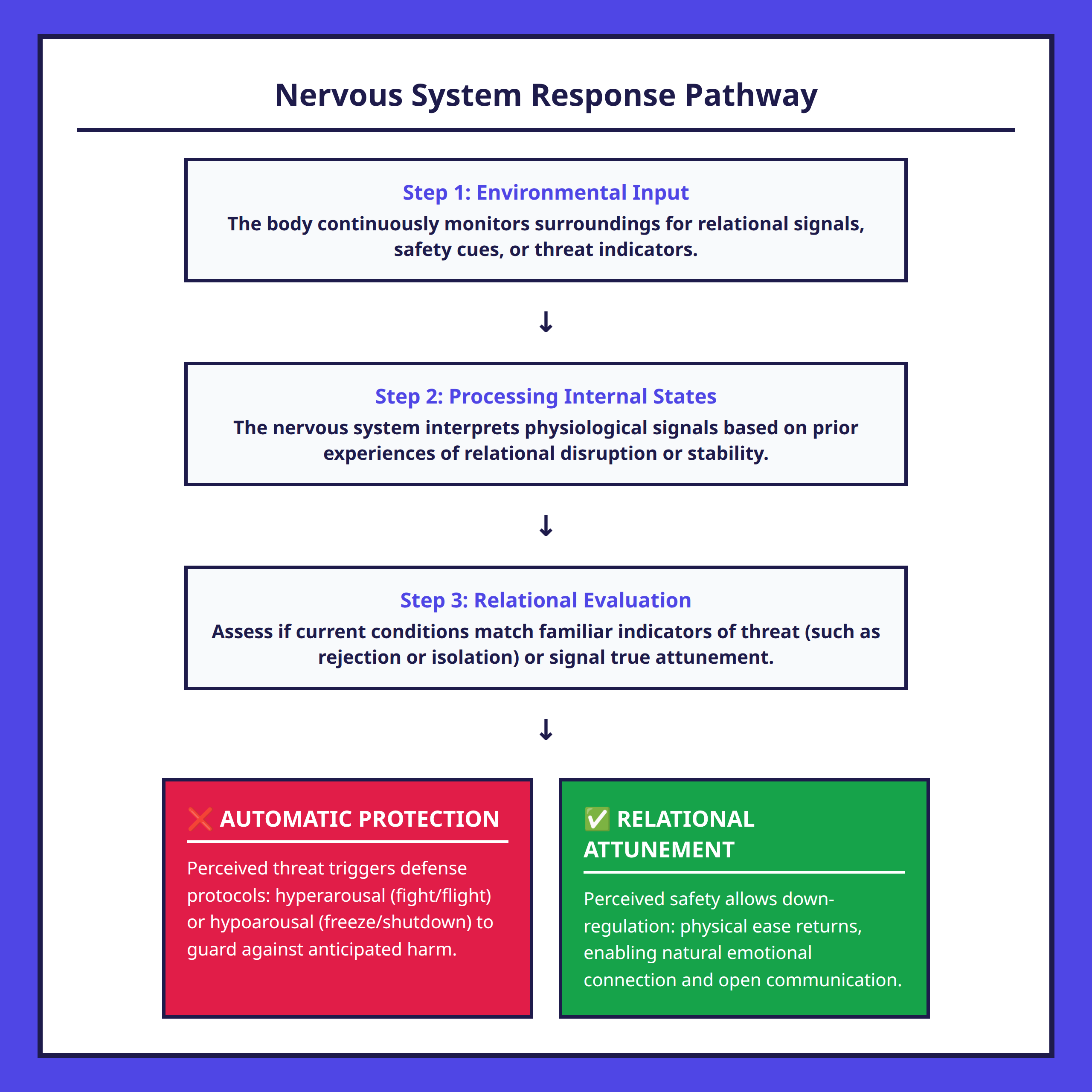 Flowchart showing how relational trauma leads to automatic protective responses or a cycle of connection