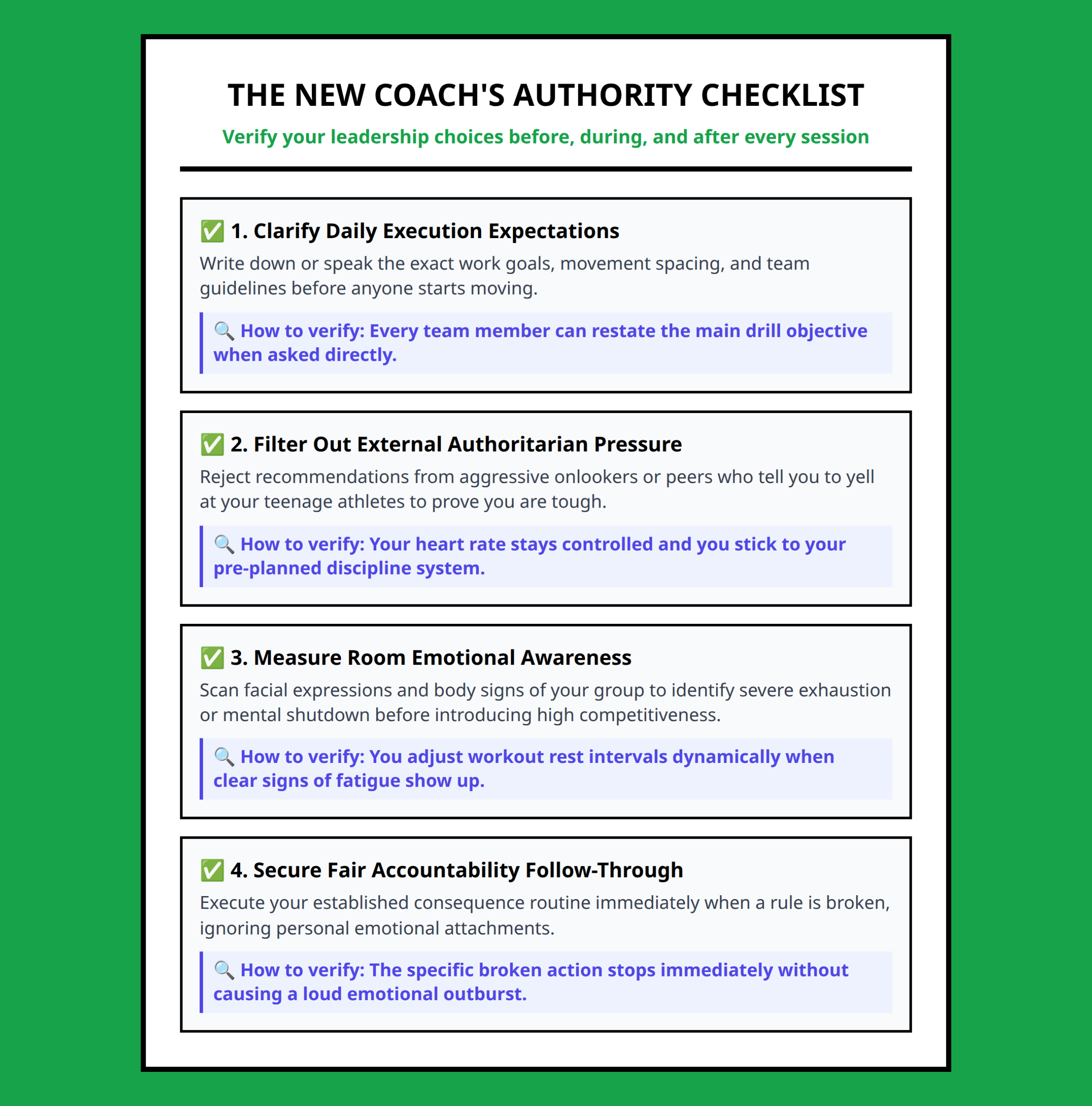 Checklist for young coaches to evaluate daily actions for trust and discipline lines