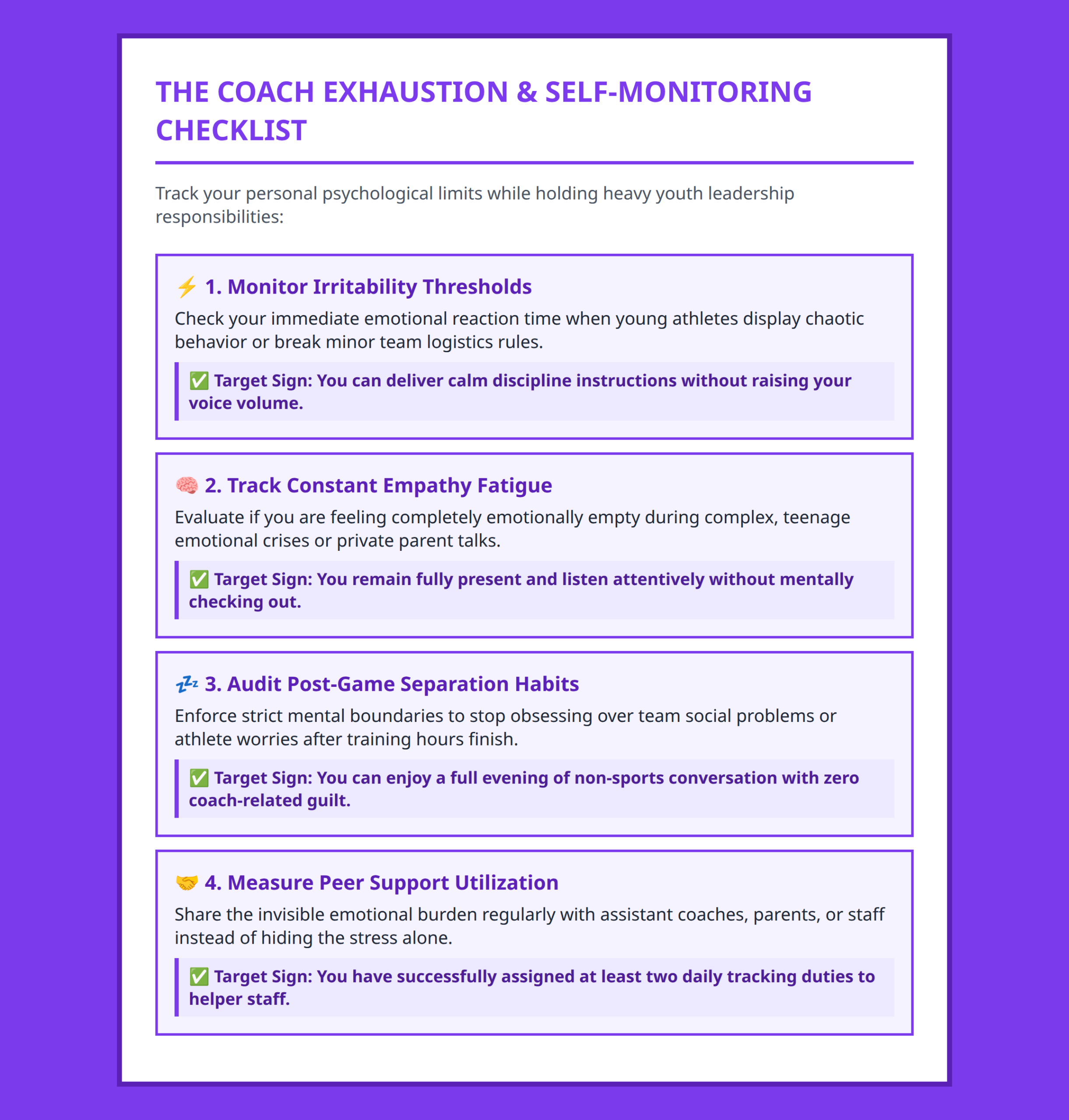 Checklist tracking emotional exhaustion signs and corresponding mental recovery steps for coaches.